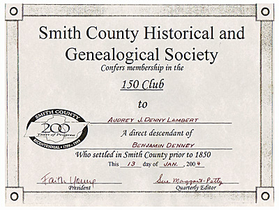 Benjamin Denney Smith County Historical and Genealogical Society Certificate
