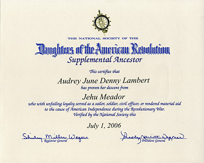 Jehu Meador NSDAR Certificate