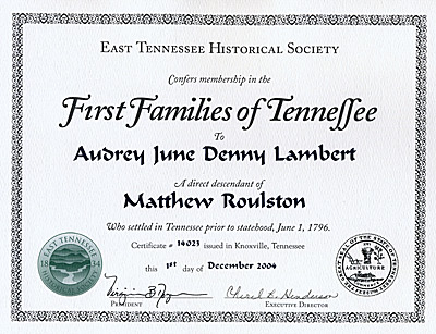 Matthew Roulston First Families of Tennessee Certificate