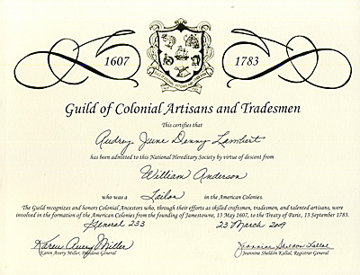 William Anderson Colonial Artisans and Tradesmen Certificate